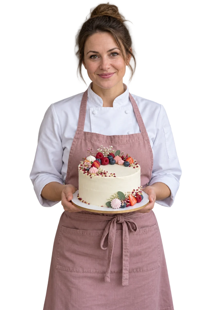 Fotorealistyczna ilustracja cukierniczki w fartuchu, trzymającej tort na podkładce.