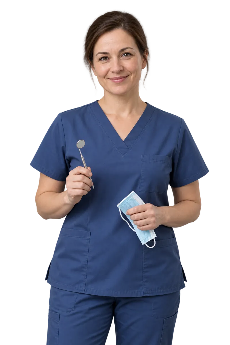 Fotorealistyczna ilustracja dentystki z małym lusterkiem stomatologicznym.