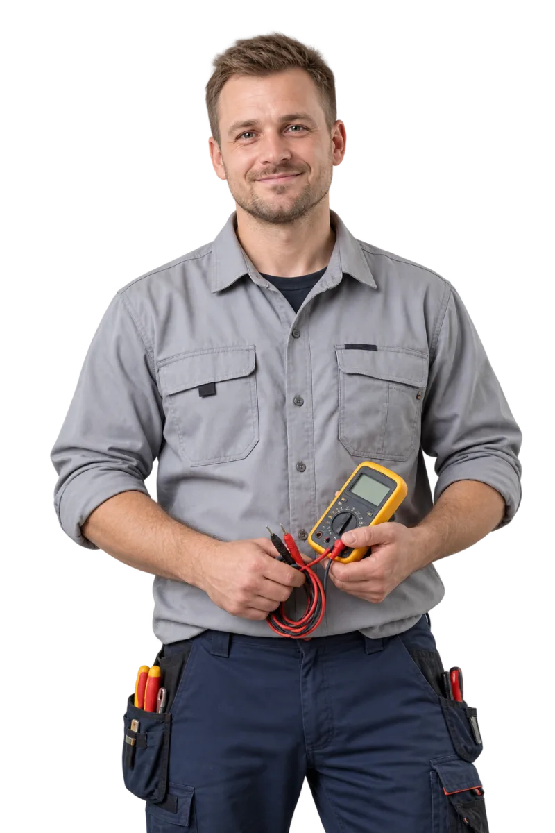 Fotorealistyczna ilustracja elektryka z miernikiem elektrycznym.