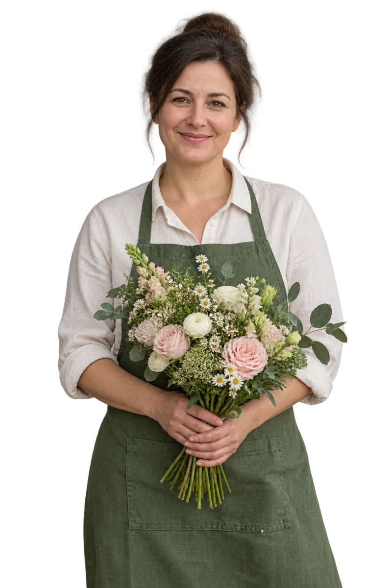 Fotorealistyczna ilustracja florystki z bukietem kwiatów.