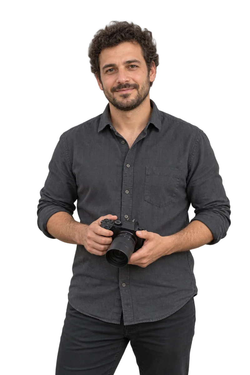 Fotorealistyczna ilustracja fotografa z aparatem.