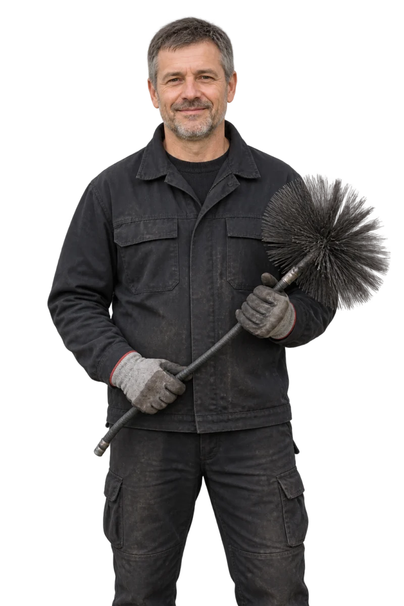 Fotorealistyczna ilustracja kominiarza w ubraniu roboczym, ze szczotką na pręcie.