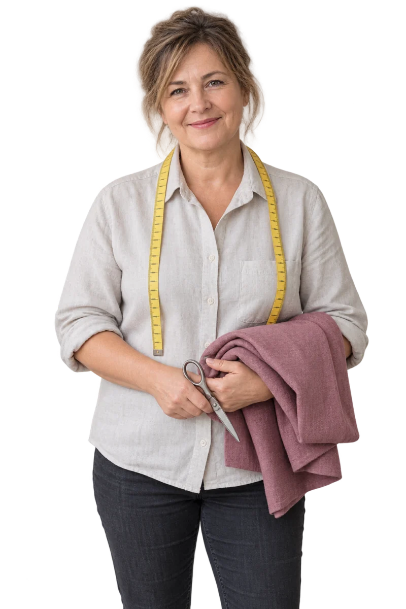 Fotorealistyczna ilustracja krawcowej z miarą, tkaniną i zamkniętymi nożyczkami.