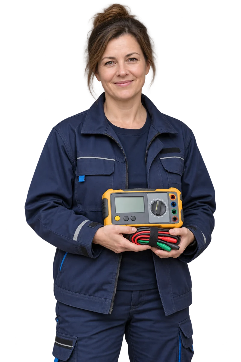 Fotorealistyczna ilustracja specjalistki od pomiarów elektrycznych, z miernikiem i niepodłączonymi przewodami.