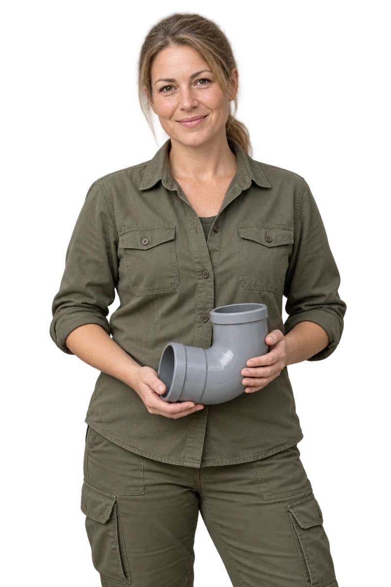 Fotorealistyczna ilustracja instalatorki przydomowych oczyszczalni, trzymającej szare kolano kanalizacyjne.