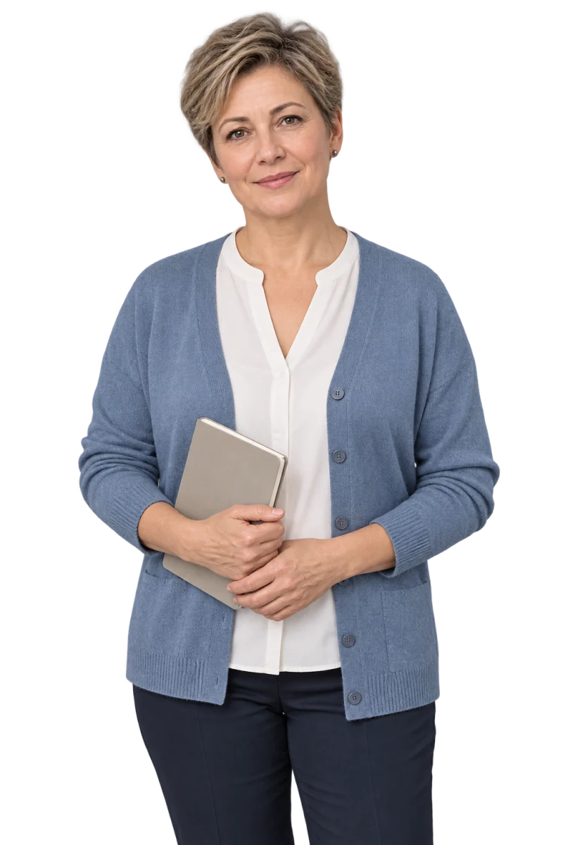 Fotorealistyczna ilustracja psychiatry dziecięcej w niebieskim kardiganie, z zamkniętym notesem.