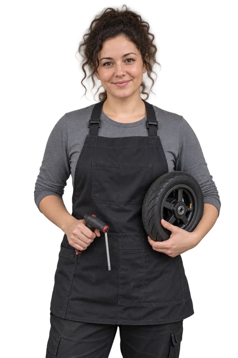 Fotorealistyczna ilustracja serwisantki hulajnóg z kołem i narzędziem.