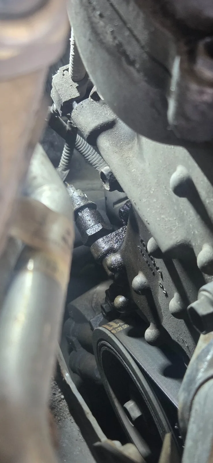 Mokra obudowa rozrządu i zapocenia widoczne podczas kontroli mechanicznej komory silnika.